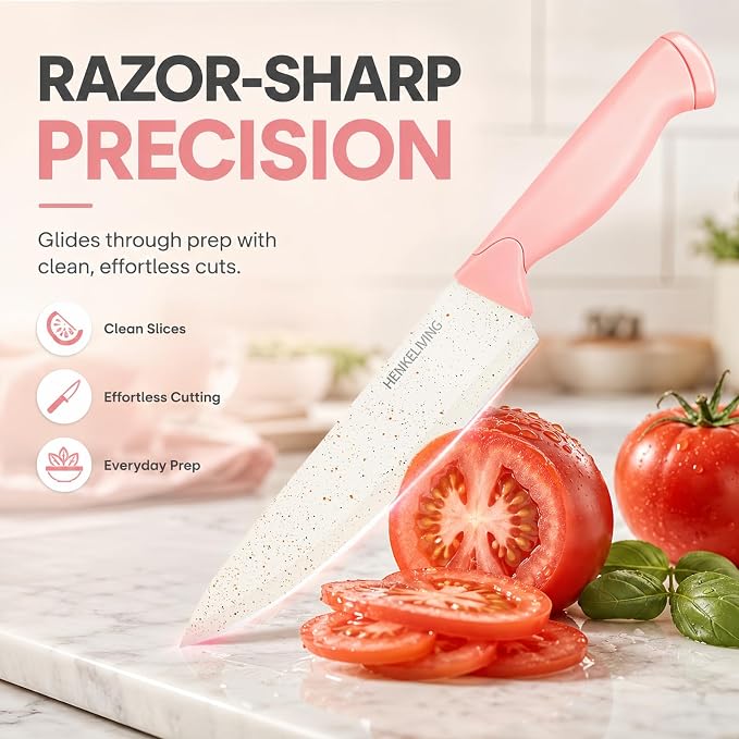 14-Piece Peach Pink Knife Block Set with Built-In Sharpener | German high-carbon stainless steel blades, dishwasher safe, ultra-sharp edges, ergonomic non-slip handles