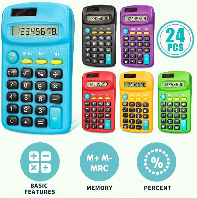 24 PCS Basic Calculators, Pocket-Size Mini with 8 Digit Display, Solar/Battery Dual Power - Bulk for Students, Classroom, Junior High, School, Home & Office (6 Colors)