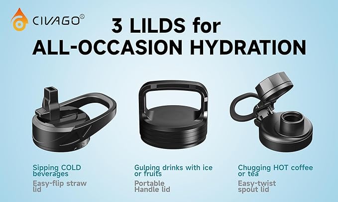 CIVAGO 22 oz Insulated Water Bottle With Straw, Stainless Steel Sports Water Flask Cup with 3 Lids (Straw, Portable Spout and Handle Lid), Double Walled Travel Thermal Canteen Mug, Black
