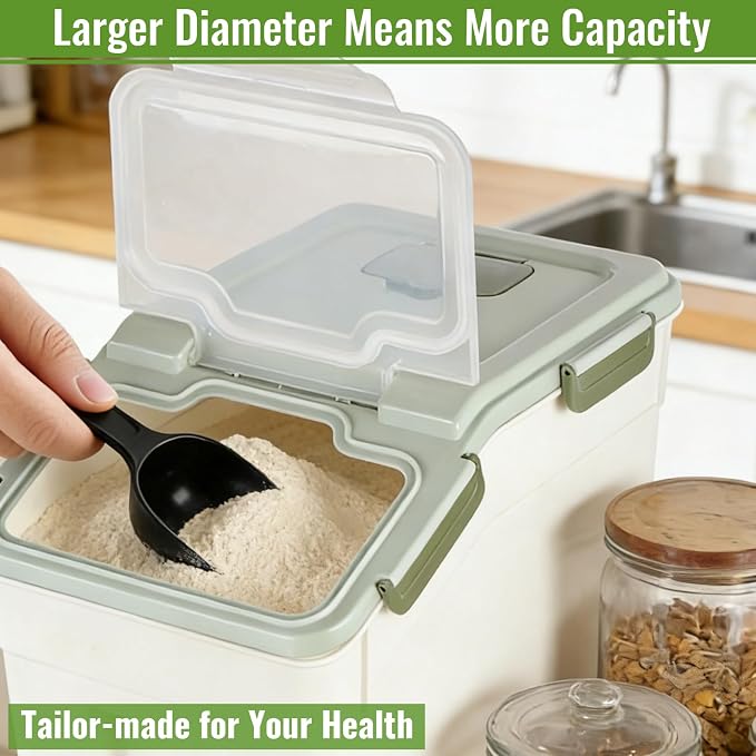 2 Pack Rice Container 50 lbs Large Bulk Flour Sugar Storage Holdhouse Plastic Grain Cereal Dry Goods Bin with Spoon and Measuring Cup for Kitchen Pantry Organization - Green