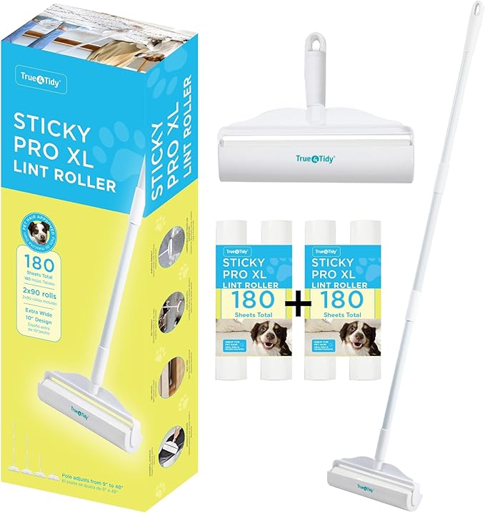 True & Tidy StickyPro XL Lint Roller Value Set with 2 Lint Roller Refills, Heavy-Duty Durable, Adjustable Handle Works Great on Pet Hair, Clothing, Furniture and More, 360 Sheets Total, Refillable