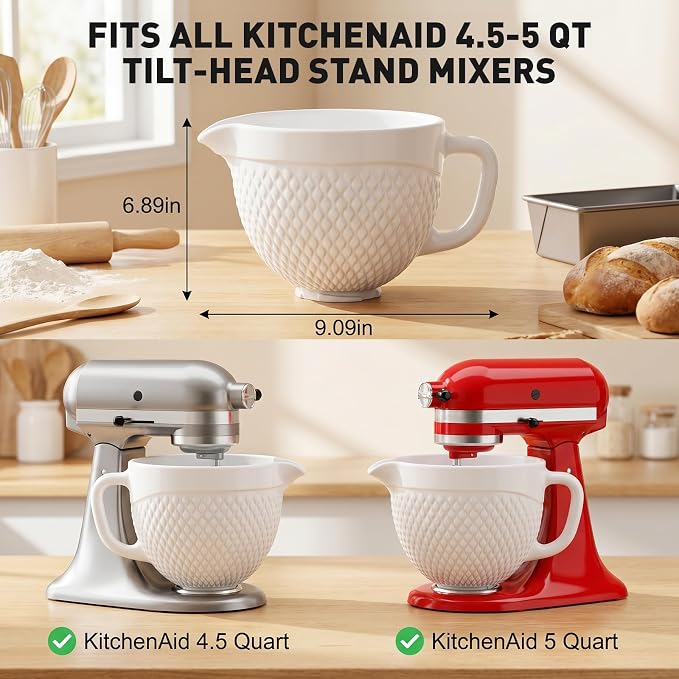 COFUN Ceramic Mixer Bowl for KitchenAid 4.5-5 Qt Tilt-Head Stand Mixers | Mixing Bowl with Handle & Pour Spout, Oven/Microwave/Dishwasher Safe