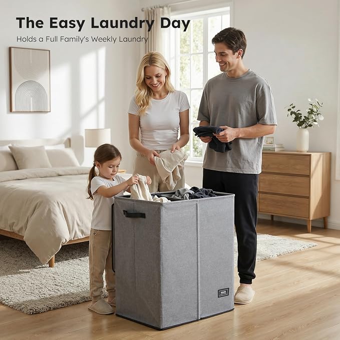 SOLEDI Double Laundry Basket with Lid and Removable bag, Large Laundry Hamper 2 Section with handles, Collapsible Dirty Clothes Hampers for Laundry, Bedroom, Dorm, College