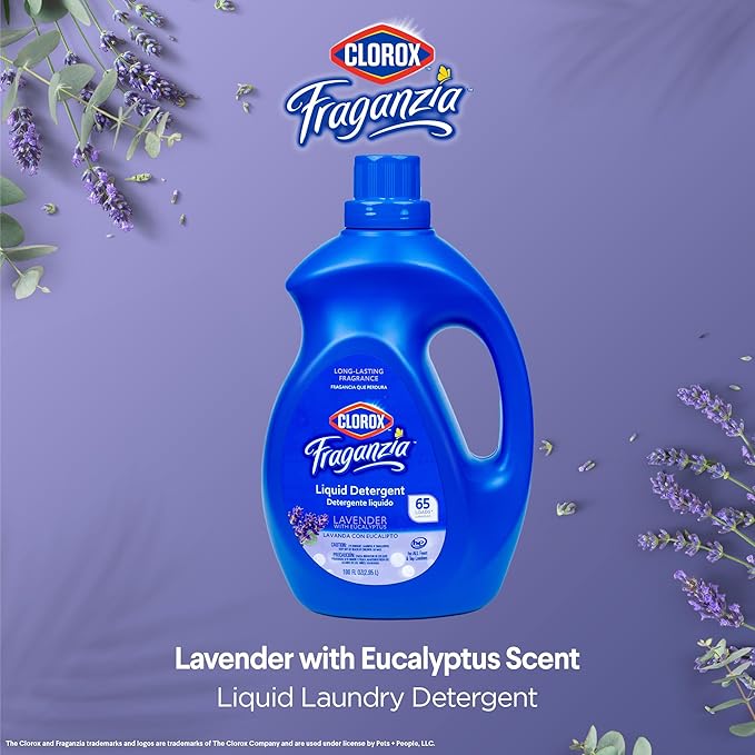Clorox Fraganzia Liquid Laundry Detergent, Lavender Scent - High Efficiency Formula for All Front and Top Load Washing Machines, Long-Lasting Fragrance, 65 Loads per Bottle, 100 Fl Oz