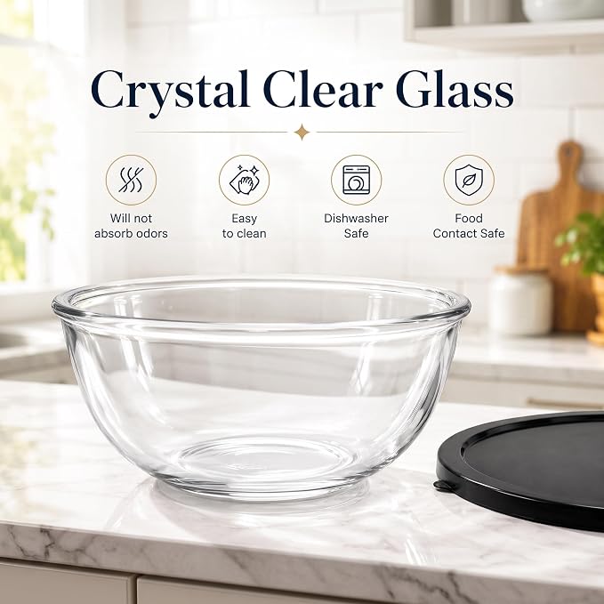6.2QT Glass Sourdough Proofing Bowl with Lid, Large Mixing Bowl for Bread Dough Fermentation, Clear Borosilicate Glass Bowl for Baking, Salad, Meal Prep & Food Storage