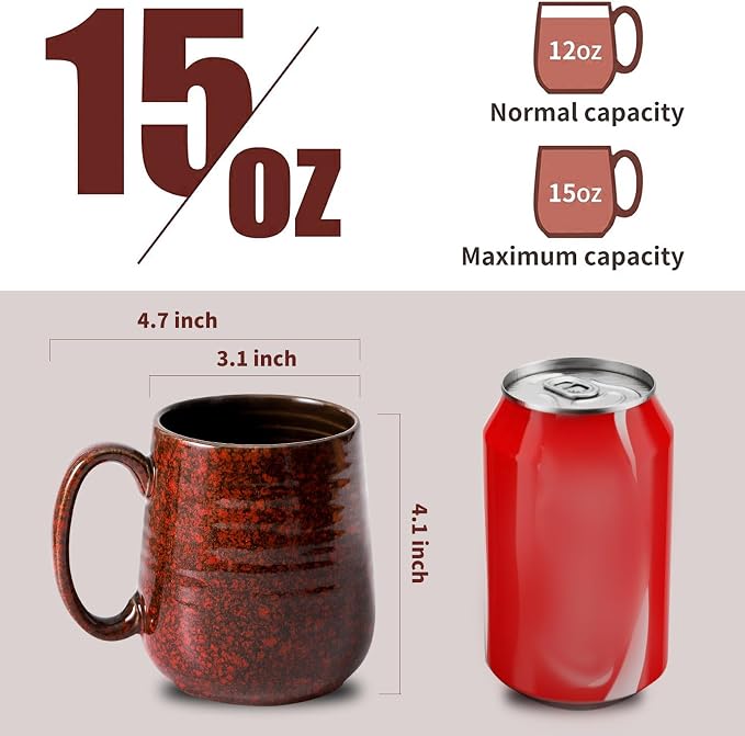 HASENSE Coffee Mugs Set of 6, 15 Ounce Ceramic Coffee Cups Set with Handle, Large Tea Mug for Kitchen, Red Cup for Tea,Cocoa, Milk, Christmas Gift for Women and Men, Dishwasher and Microwave Safe