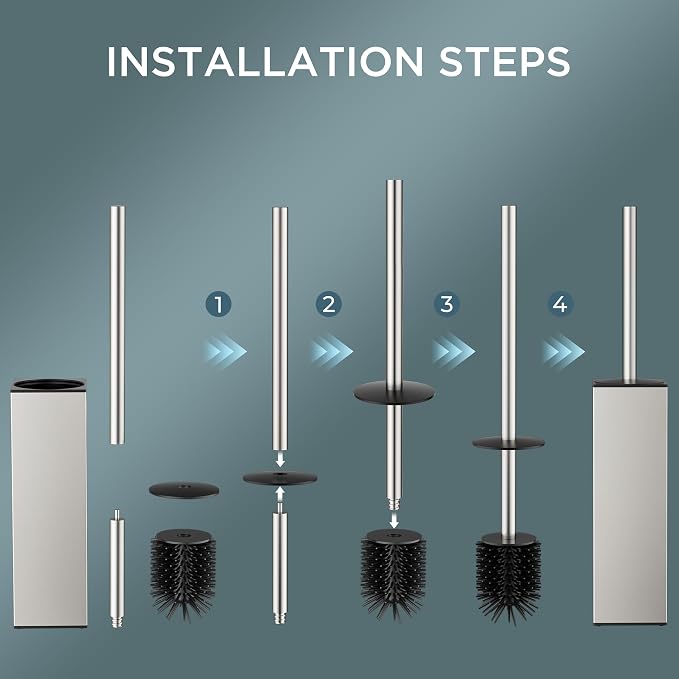 FORIOUS Tall Toilet Brush and Holder Set, Heavy Duty 304 Stainless Steel Base Square and Long Handle for Bathroom Deep Cleaning, Space Saving for Storage, 2 Toilet Bowl Brush Head, Brushed Nickel