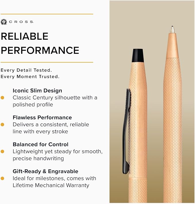 Cross Classic Century Brushed Rose-Gold PVD Ballpoint Pen - Refillable Pen for Effortless Writing - Black Ink - Durable Construction - Premier Distinctive Look - Gift-Ready