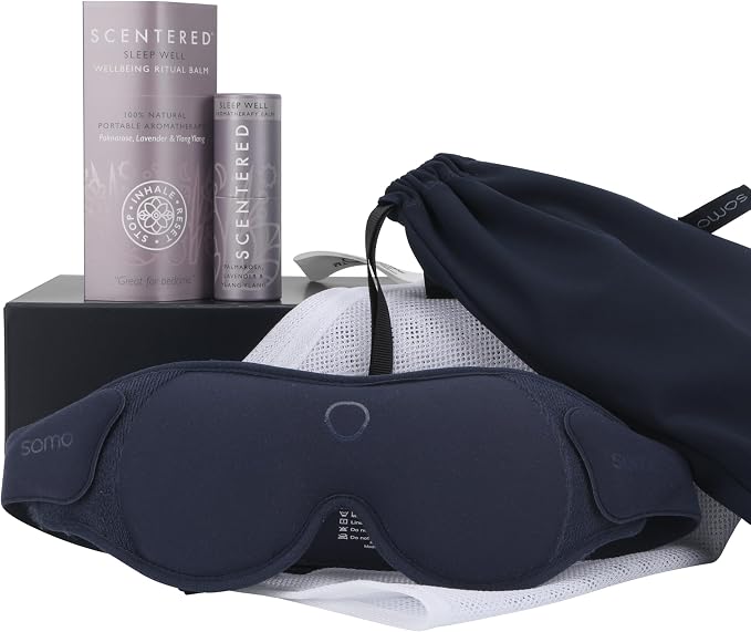 Scentered x SOMO Luxury Blackout 3D Sleep Mask for Side Sleepers & Sleep Well Aromatherapy Balm - Acupressure Eye Mask with Eyelash Space, Hypoallergenic - 4-in-1 Sleep Gift Set with Pouch & Wash Bag