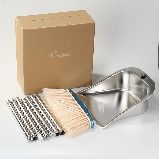 VOOWO Broom and Dustpan Set for Home, Stainless Steel Broom and Dustpan Set with Long Handle, Heavy Duty Dustpan Broom Set Standing Dust Pan Kitchen and Home Indoor Outdoor Broom