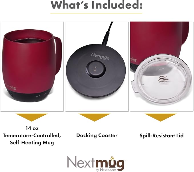 Nextmug - Temperature-Controlled, Self-Heating Coffee Mug (Burgundy - 14 oz.)