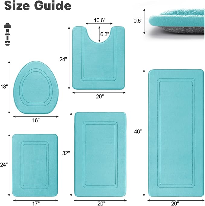 YIHOUSE Teal Memory Foam Bath Mat Set 5 Pieces