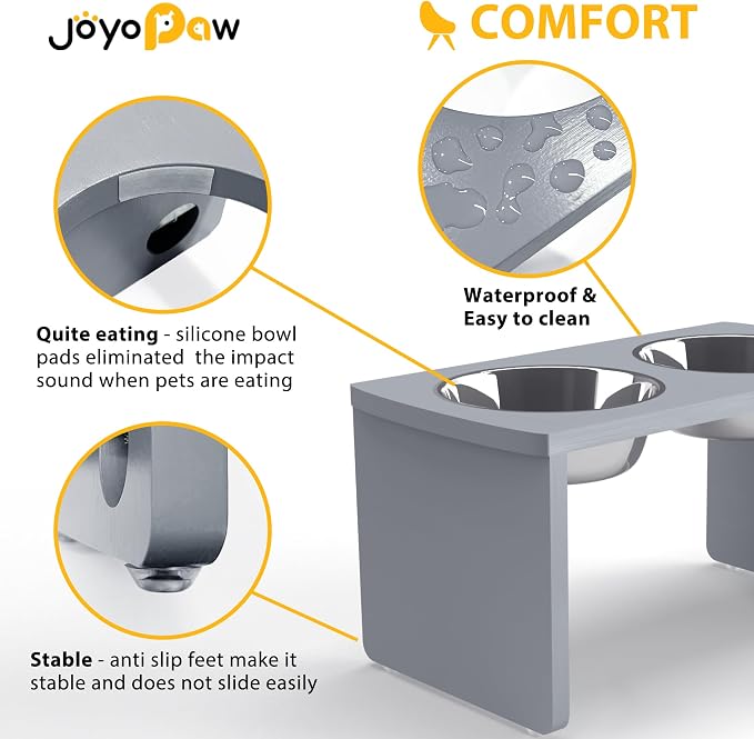 Elevated Dog Bowls, Bamboo Raised Dog Bowl for Large Dogs & Medium Dogs, with 2 Stainless Steel Bowls (10'' Tall–48 oz Bowl, Grey)