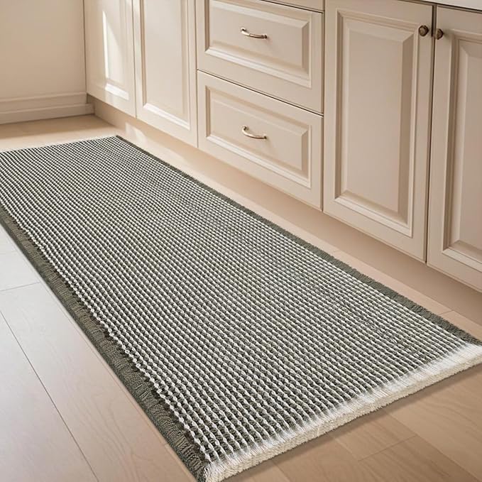 IM HOME Waffle Bath Mat Green & Cream 4'x2', Boho Woven Modern Bath Mat Rugs, Absorbent Non Slip Bathroom Rugs, Soft Washable Bath Rugs with Tassels for Bathroom, Bedroom, Kitchen, Shower, Tub