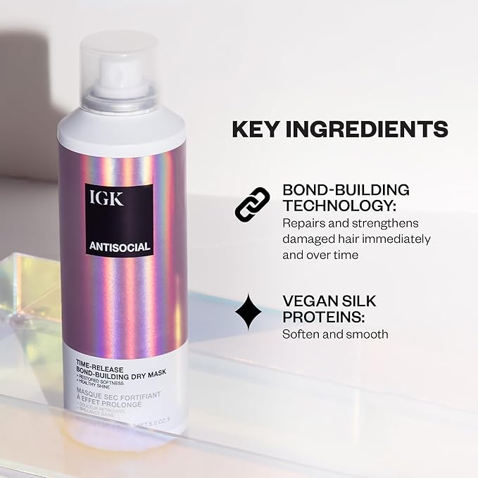 IGK Antisocial Leave-In Repair Dry Hair Mask, Overnight Bond-Building Treatment for Damaged Hair, No-Rinse Spray Smooths Frizz + Adds Shine, Vegan + Color-Safe, 5 fl oz