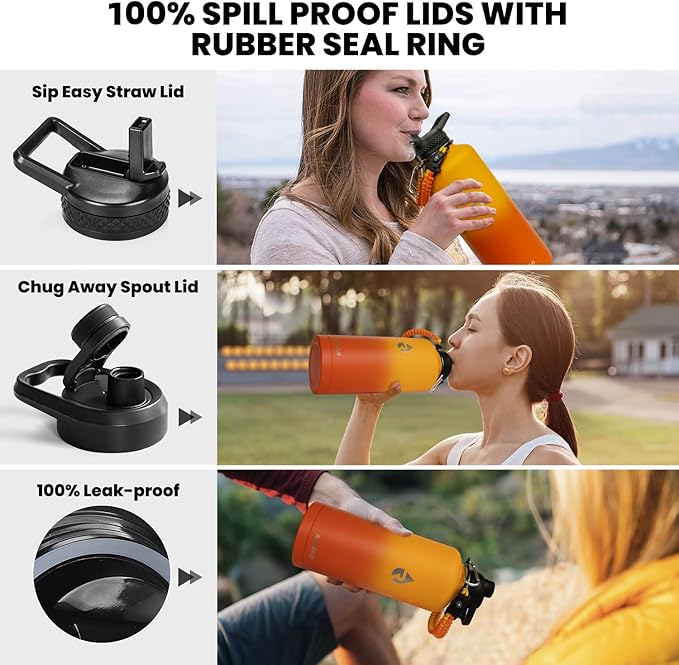 RAYMYLO Insulated Water Bottle 87 oz, Triple Wall Vacuum Stainless Steel (Cold for 48 Hrs), Leak Proof & Non-BPA, Modern Water Flask Jug with Paracord Handle & Straw Spout Lids, Ombre Orange