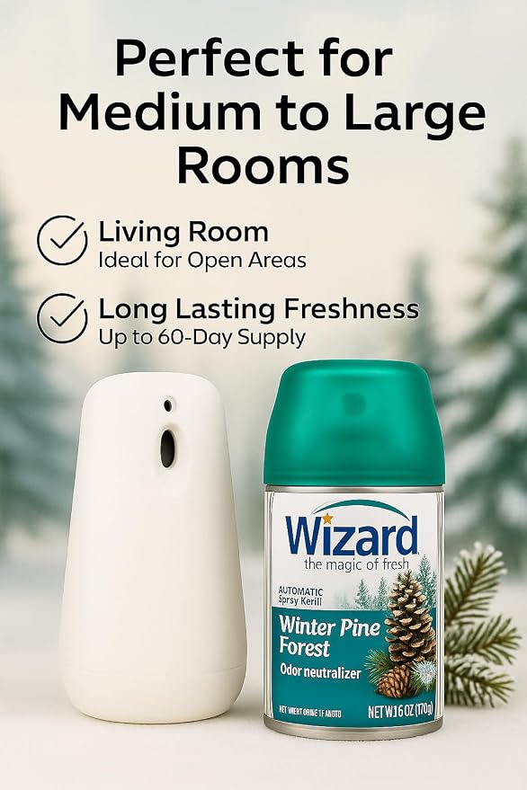 Wizard Automatic Spray Refill – Winter Pine Forest, 5 oz (12 Pack) | Compatible with Air Wick Freshmatic & Glade Dispensers | Long Lasting Odor Neutralizer for Home & Office