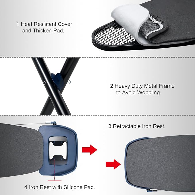 Duwee 18"×53" Extra Wide Ironing Board with Retractable Iron Rest | Ironing Board Full Size,Heat Resistant Cover with Thicken Padding,Adjustable Height,Heavy Sturdy Legs and Foldable,Black