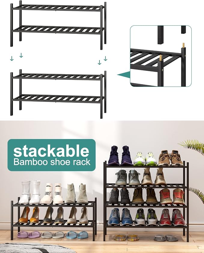 viewcare 2-Tier Black Bamboo Shoe Rack for Entryway, Stackable | Foldable | Natural, Shoe Shelf Storage Organizer for Hallway Closet, Free Standing Shoe Racks for Indoor Outdoor