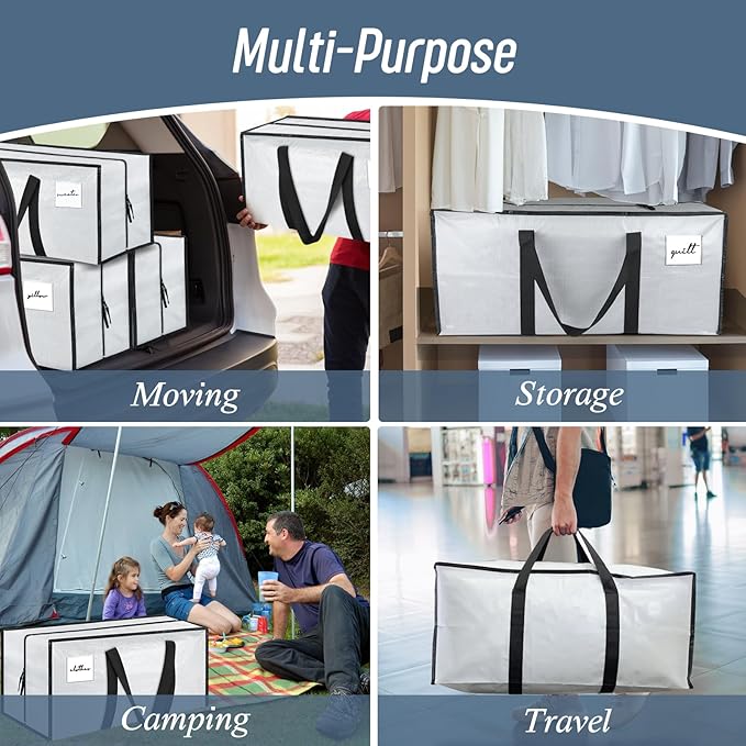 12 Pack Extra Heavy Duty Large Moving Bags with Strong Zipper, White | Comfortable Handles, Sturdy & Durable Clothes Storage Bags Totes Bins, Blue Packing Moving Boxes for College Supplies