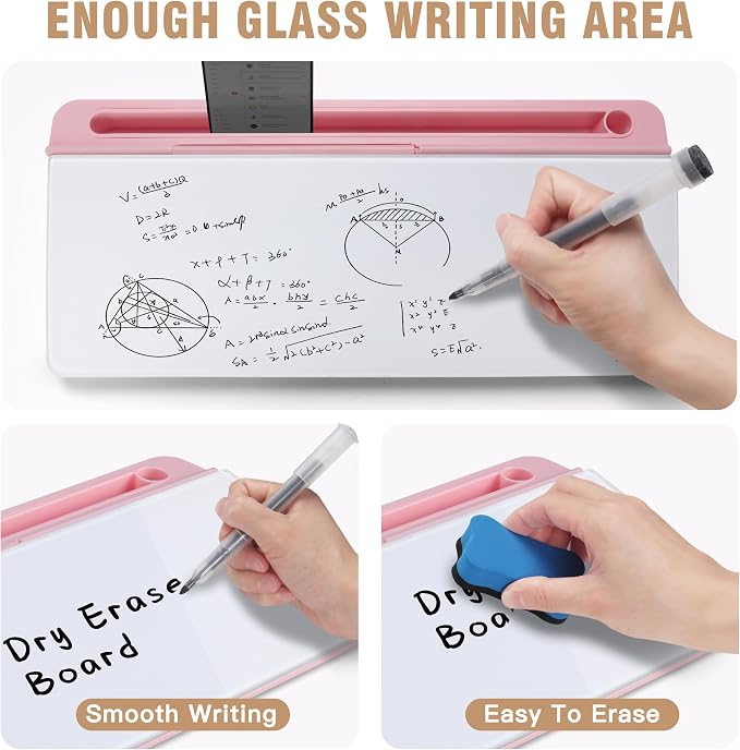 SELEAD Desktop Glass Whiteboard with Organizer & Built-in Mirror - Small Dry Erase White Board Computer Pad Keyboard Stand with Markers, Eraser, Holder for Women - Pink