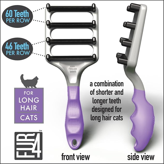 FUR4 deShedding Cat Brush for Long Hair Cats – Pet Hair Brush with 4 Carbon Fiber Edges – deShedding Tool Removes Loose Fur – Gentle & Effective Cat Grooming Brush for Shedding