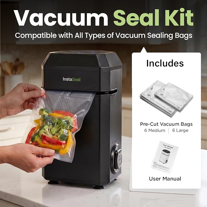 InstaSeal Vacuum Sealer for Food with 12 Bags | Preserves Foods 5x Longer, Space Saving Compact Upright Design Allows Machine to Heat Seal Marinades, Meats, Marinades