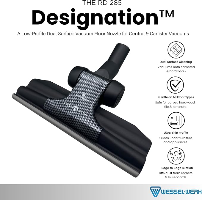 Wessel RD 285 Designation Dual-Surface Floor Brush, 1.25-1.5 in. Adapter | Flexible 360-degree carbon joint maneuvers around furniture; hard floor use; universal 1.25-1.5 in. adapter