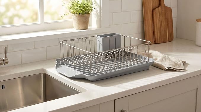Farberware Classic 3-Piece Dish Drying Rack Set, Gray - Rust-Resistant Dish Rack for Kitchen Counter with Self-Draining Board and Flatware Caddy