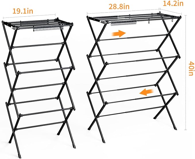 Clothes Drying Rack Foldable Drying Rack Clothing Black-1pack | for Laundry - 40" x 28.8" x 14.2", Space Saving Household Indoor