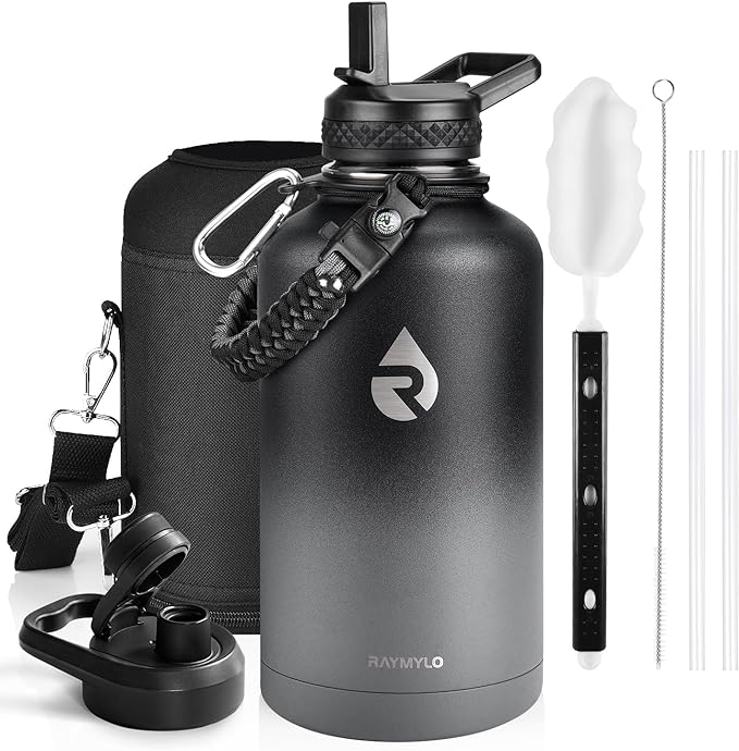 RAYMYLO Insulated Water Bottle 64 oz, Triple Wall Vacuum Stainless Steel (Cold for 48 Hrs), Leak Proof & Non-BPA, Half Gallon Water Flask Jug with Paracord Handle & Straw Spout Lids, Dark Gray