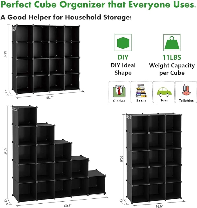 C&AHOME 16 Cube Storage Organizer Cube Shelves Units Storage Cubes, Black | Plastic DIY Closet Organizer, Stackble Modular Closet Storage Shelves Ideal for Home, Bedroom, 48.4" L × 12.4" W × 48.4" H