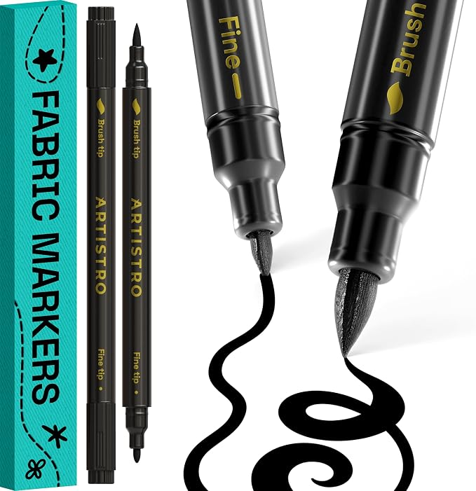 ARTISTRO 2 Black Dual-Tip Fabric Markers Decorating Kit Permanent for Cloth | Brush & Fine Tip, Acrylic Paint Pens for Sneakers, Bags, Shoes, Textiles, Canvas, Sewing, Craft, & DIY
