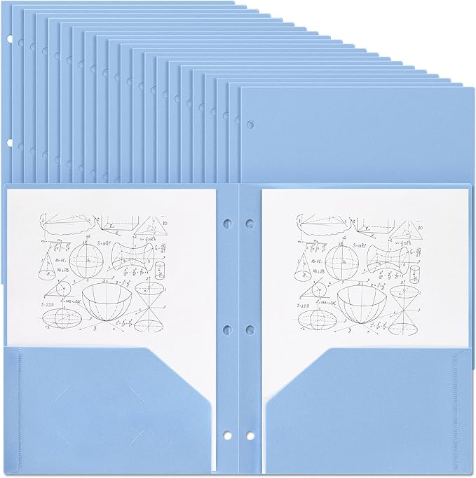 Yeaqee 100 Pcs Plastic Folders with Pockets Bulk 3 Hole Punched 2 Pocket File Folders for 3 Ring Binder Divider Folder for Notebooks, Durable Poly for Office Home (Haze Blue)