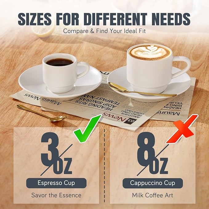 Lareina 3-Ounce Espresso Cups with Saucers, Spoons and Metal Stand, Small Stackable Coffee Cups Set of 4, Ceramic Demitasse Mugs, Gift for Housewarming or Wedding, White