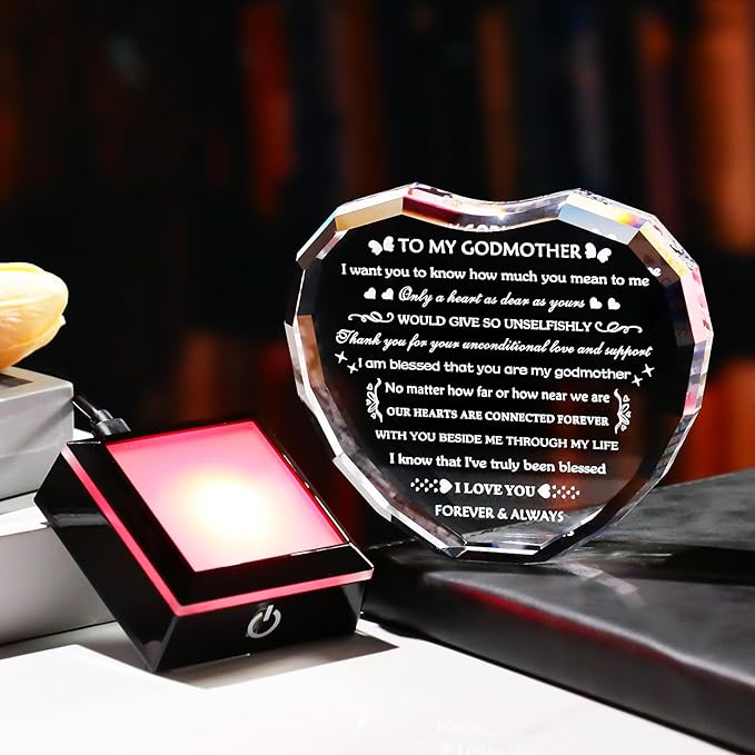 Arikyrist Godmother Gifts from Godchild with Colorful Light Base, Birthday Gift for Godmother Crystal Heart Keepsake, To My Godmothers Gifts from Goddaughter Godson on Mothers Day Christmas
