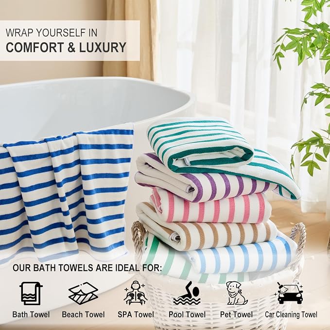 JML Microfiber Bath Towel Sets, 4 Pack, 27" x 55", Cabana Stripe Blue | Soft, Super Absorbent, Fast Drying Bath Towel Set for Swimming, Pool, Summer Beach Party