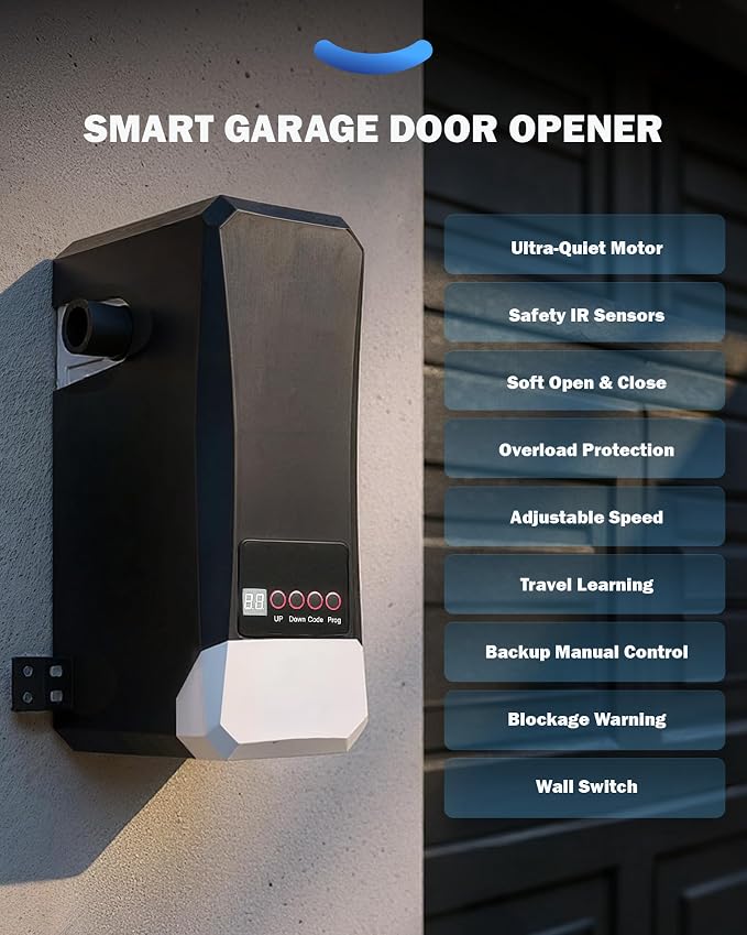 ZUMI Automatic Garage Door Opener, Wall-Mounted Garage Opener with Manual Backup Infrared Sensors, Heavy-Duty Smart Garage Entry Device Access Unit for Garage Door Opening & Closing