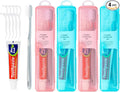 Travel Toothbrush Kit Includes Travel-Sized Toothbrushes, 25g Travel Toothpaste, 5 Floss Picks, a Travel Toothbrush Holder, Ideal for Home, Hotels (Blue, Pink, 4-Pack)