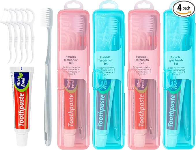 Travel Toothbrush Kit Includes Travel-Sized Toothbrushes, 25g Travel Toothpaste, 5 Floss Picks, a Travel Toothbrush Holder, Ideal for Home, Hotels (Blue, Pink, 4-Pack)
