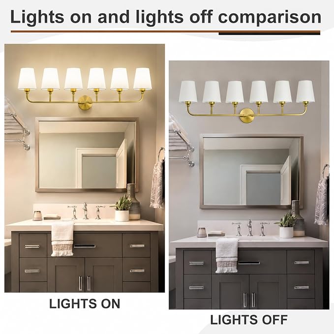 Bathroom Vanity Light, Brushed Gold Bathroom Light Fixtures, 6-Light Lighting Fixtures Over Mirror, Modern Wall Sconce with Flared White Fabric Shade, E26 Socket(ETL Listed)