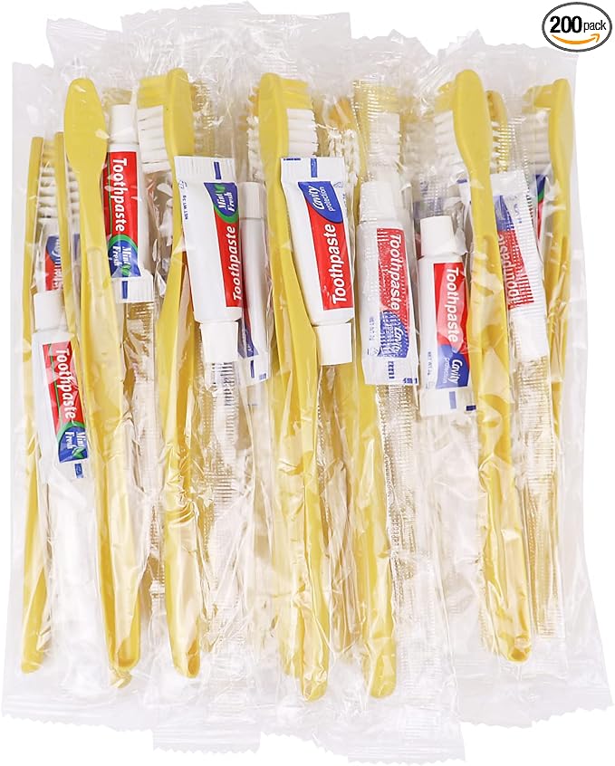 Disposable Toothbrushes with Toothpaste,200 Pack Yellow Hollow Individually Wrapped Disposable Travel Toothbrushes Kit in Bulk for Homeless,Nursing Home,Hotel,Charity