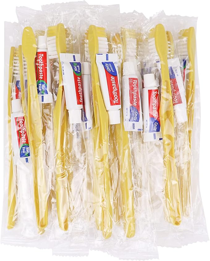 Disposable Toothbrushes with Toothpaste,400 Pack Yellow Hollow | Individually Wrapped Disposable Travel Toothbrushes Kit in Bulk for Homeless,Nursing Home,Hotel,Charity