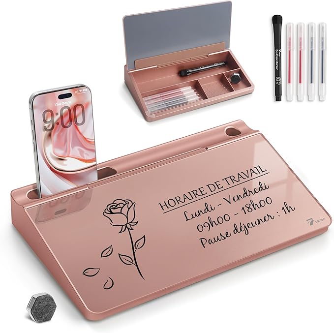 TOWON Small Compact Glass Desktop Whiteboard with Storage – 12 x 7 in Dry Erase Board for Desk, Home Office, School | Includes 5 Markers, Eraser & Holder | Space-Saving Organizer, Aesthetic Rose Gold