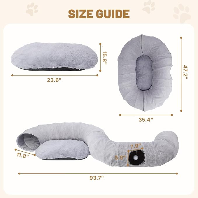 Extra Large Cat Tunnel, 47.2in Multi-Cat Family Big Cat Tunnel for Cats, Long Cat Tunnel Bed with Washable Plush Mat, XXL Pet Play Tunnel Toy for Cats, Puppy, Rabbits Grey