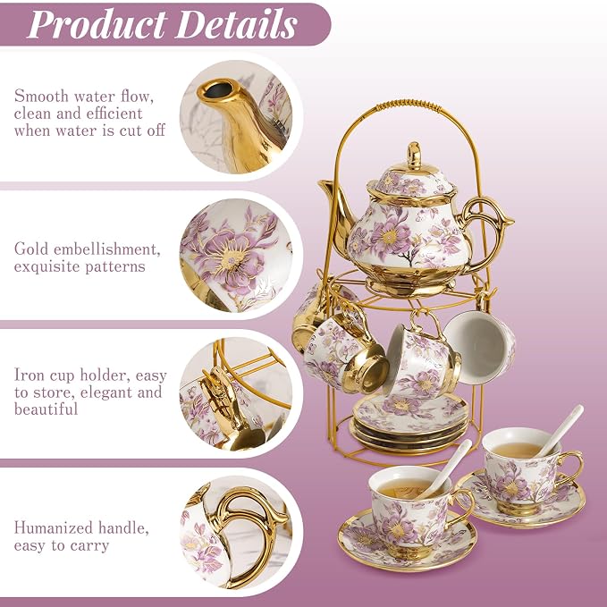 20 Pcs Porcelain Tea Set with Metal Holder European Flower Tea Sets for Adults, Ceramic Tea Party Set European Flower Painting Teapot Cup Saucer Spoon Set for Women, Large Version (Elegant Purple)