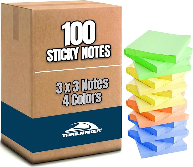 Trailmaker (100 Pack) Sticky Notes Bulk Set, 3x3 Self Stick Memo Pads with 100 Sheets Each, Sticky Notes for Classrooms, Offices, School Supplies & Organization (Assorted Colors)