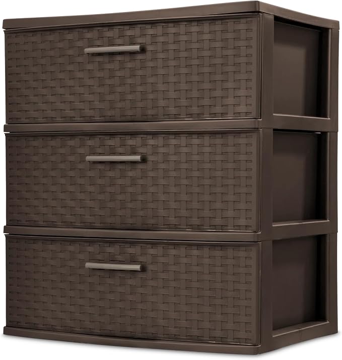 Sterilite 3 Drawer Wide Storage Tower, Plastic Weave Organizer, Espresso - Lightweight Opaque Container for Bedrooms, Closets, or Bathrooms