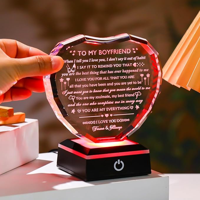 Arikyrist Romantic Gifts for Boyfriend with LED Base Boyfriend Anniversary Birthday Gifts Ideas from Girlfriend Crystal Heart to My Boyfriend I Love You Gift for Him on Valentine's Day Christmas