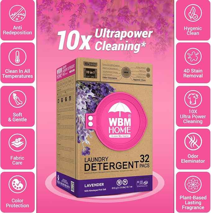 WBM 10-in-1 Laundry Detergent Pods, Fabric Softener with Lavender Extracts, High-Efficiency Laundry Pods with Powerful Stain Lifter Technology - 32 Count Bag